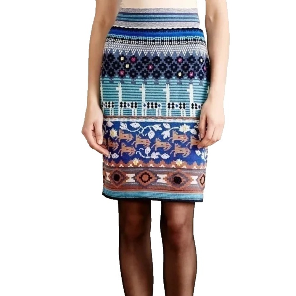 HWR Anthropologie Skirt Llama Lines Sweater Knit Pencil Colorful